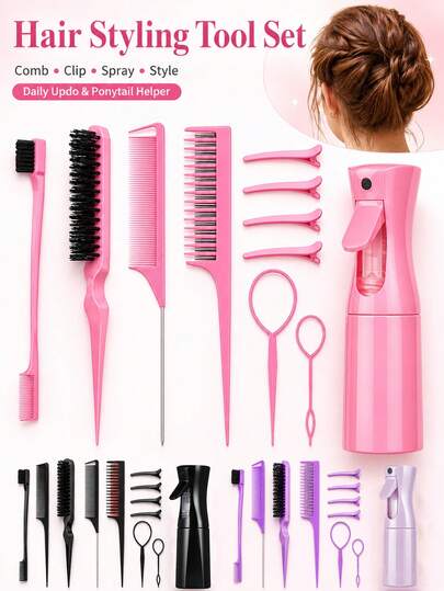 Ensemble d'outils de coiffure (comprend un flacon vaporisateur, un peigne à queue de rat, un peigne à ligne de cheveux et des pinces de sectionnement) Ensemble d'accessoires légers, convient pour les coiffures quotidiennes, les chignons, le sectionnement et le lissage des cheveux