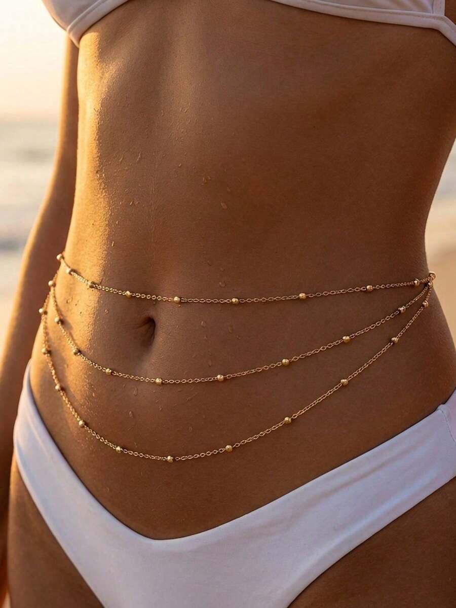 1 pièce Chaîne de taille élégante à plusieurs couches de perles, chaîne de corps de luxe sexy - Doré - Voir 1