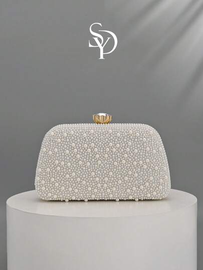 1pc Women's Elegant Fully Beaded Box Clutch, Luxury Evening Bag With Chain, Perfect For Weddings, Bridesmaids, Party Occasions