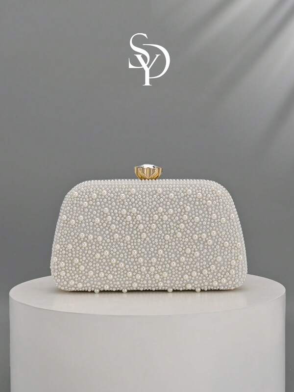 1pc Women's Elegant Fully Beaded Box Clutch, Luxury Evening Bag With Chain, Perfect For Weddings, Bridesmaids, Party Occasions