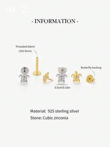 IN Z 1pc 925 Sterling Silver Zirconia Inlaid Turtle Flat Stud Earring | Small Stud Earring | Stackable Earring | Cartilage Stud Earring | Ear Cartilage Stud Earring | Layered Earlobe Stud Earring | 925 Sterling Silver Jewelry | Suitable For Women's Daily Wear | Sold Individually (Not A Pair) - Sea Turtles - View 3