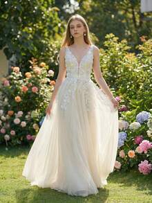YOUKEFEIER Deep V-Neck Lace Embroidered 3D Floral Applique Long Wedding Dress - Beige - View 6
