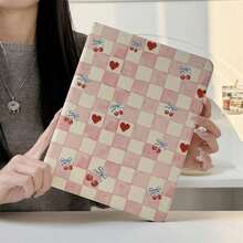 1pc Pink & White Checkerboard With Cherries & Hearts Print Tri-Fold Tablet Case With Pen Slot, Multi-Angle Magnetic Stand Cover With Auto Sleep/Wake, Compatible With IPad PRO/AIR, Compatible With SAMSUNG,Compatible With XIAOMI Pad 5/6/8,Compatible With Oppo Pad,Compatible With Huawei Matepad,Compatible With Vivo Pad,Compatible With Honor Pad,Compatible With Lenovo Xiaoxin Pad - Multicolor - View 2