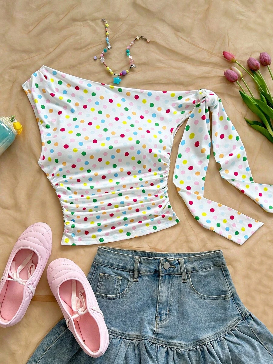 Women's Polka Dot Sleeveless Blouse With Ruching And Front Bow For KQTV - 彩色 - 查看 1