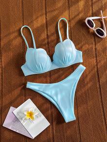 Bikinx Conjunto de bikini de mujer con copa en forma de concha de unicolor, tirantes finos y lazo en la espalda, adecuado para vacaciones en la playa en verano - Celeste - Ver 5