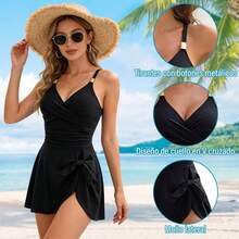 Trajes de Baño Mujer, Trajes de Baño Mujer Natacion y Ajustado, Traje de Baño Completo Mujer con Falda Elegante, Traje de Baño Mujer con Control Abdominal para Playa Piscina Surf - Negro - Ver 3