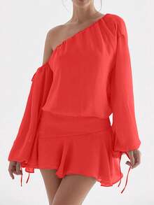 2026 Summer Spring New Fashion Sheer Off Shoulder Long Sleeve Ruffled Hem Dress High Street Style Elegant Dress - Green - View 11
