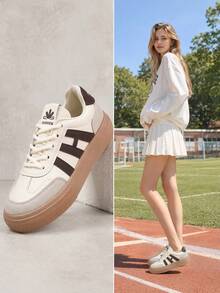 College Style Beige & Navy Thick Sole White Sneakers, Retro German Trainer Casual Skate Shoes, Soft Breathable Versatile Height-Increasing Athletic Shoes - Khaki - View 1