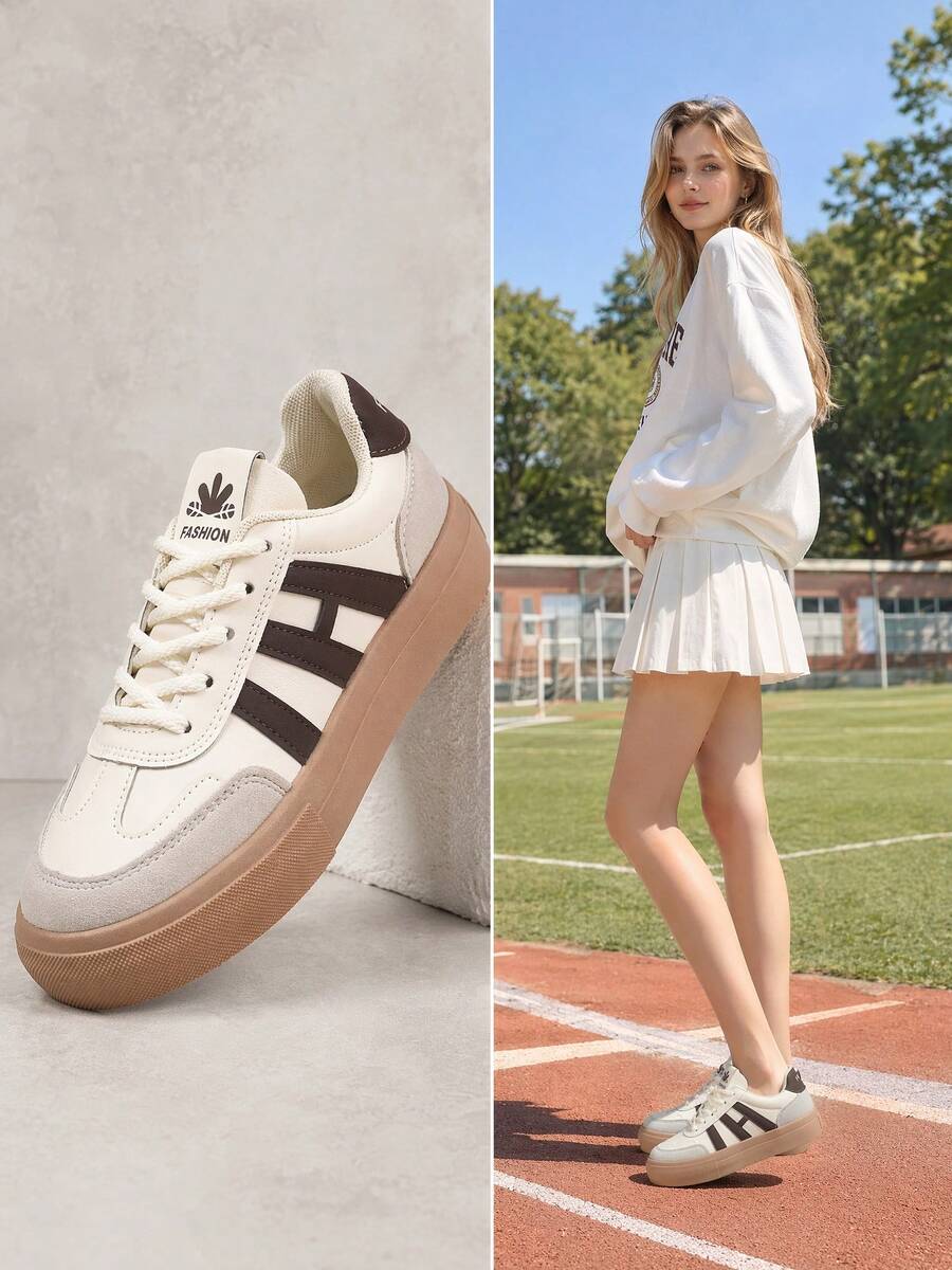 College Style Beige & Navy Thick Sole White Sneakers, Retro German Trainer Casual Skate Shoes, Soft Breathable Versatile Height-Increasing Athletic Shoes - Khaki - View 1