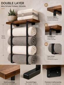 1pc Vintage Style Towel Rack, Wall-Mounted Bathroom Towel Storage Rack, Wall-Mounted Towel Rack, Bathroom Storage Rack, Suitable For Towels, Towels, Green Plants, Aromatherapy, Toiletries Storage, Bathroom, Kitchen, Living Room, Home Decor - Multicolor - View 4