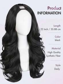 22 Inch Women's U-Shaped Layered Curly Synthetic Fiber Heat Resistant Clip-In Half Wig, Suitable For Daily, Party, Vacation, Available In Black/Golden/Brown Highlights - Black - View 3