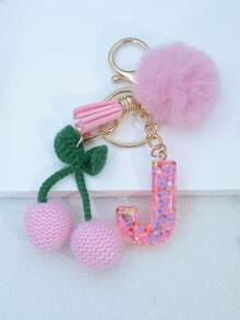 1pc Resin Starry Sky Epoxy English Letter Keychain With Tassel And Black Fur Ball Decoration, Heart Pendant Gift For Friend And Mom - Baby Pink - View 30