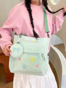 2026 New Large Capacity Nylon Tutoring Bag, Middle School And High School Student Class Bag, Tutoring Bag, Book Tote Handbag, Unisex Shoulder Crossbody Bag, Teen Student Backpack, Letter And Star Pattern, Fashion Backpack - A - View 7