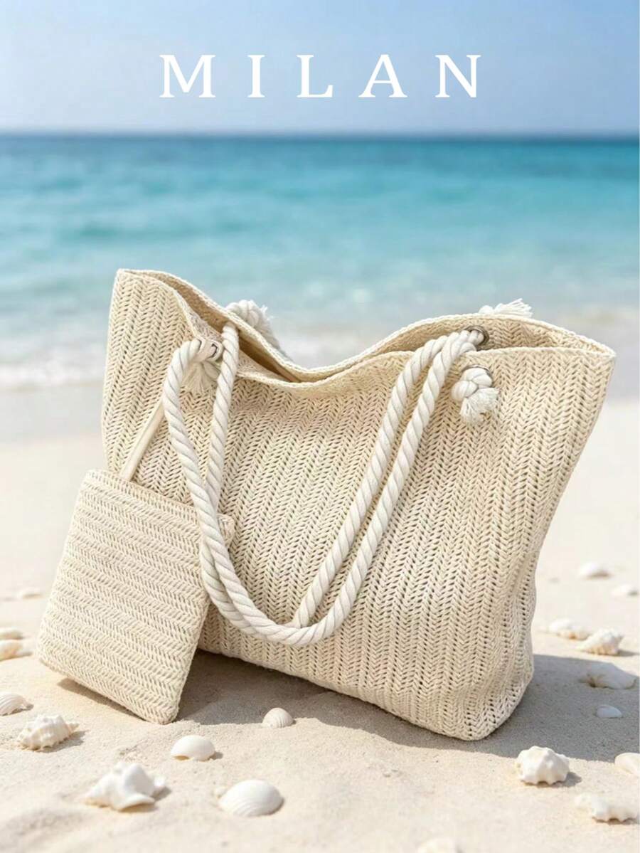 2026 Summer Casual Woven Rope Knot Tote Bag Set, Beach Handbag With Large Capacity, Versatile Essential For Outings - Beige - View 1