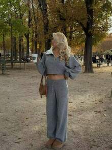 Women's Autumn/Winter New Fashion Casual Retro Sexy Deep V-Neck Double-Layer Contrast Color Collar 2 In 1 Knit Top And Pants Set - Grey - View 1
