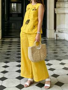 Women's Summer Solid Color Casual Embroidered Round Neck Sleeveless Top And Solid Color Long Pants 2-Piece Set Yellow Elegant - Yellow - View 3