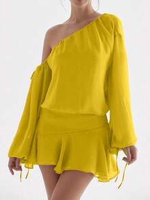 2026 Summer Spring New Fashion Sheer Off Shoulder Long Sleeve Ruffled Hem Dress High Street Style Elegant Dress - Green - View 10
