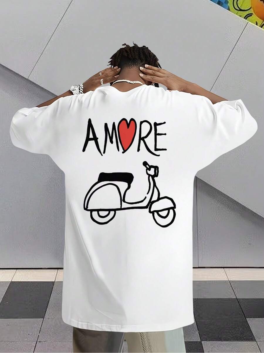 Tops,Men'S Summer Casual Short Sleeve T-Shirt - AMORE Italian Stallion Motorcycle Pattern Print Front And Back Design, 2D Heat Transfer - 白色 - 查看 1