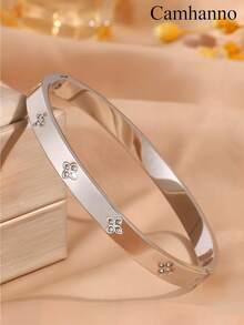 1/5Pcs Gold Plated Stainless Steel Cuff Bangles For Women, Classic Rhinestone Inlaid Stackable Bracelets, Non Tarnish Waterproof Jewelry - Silver - View 8