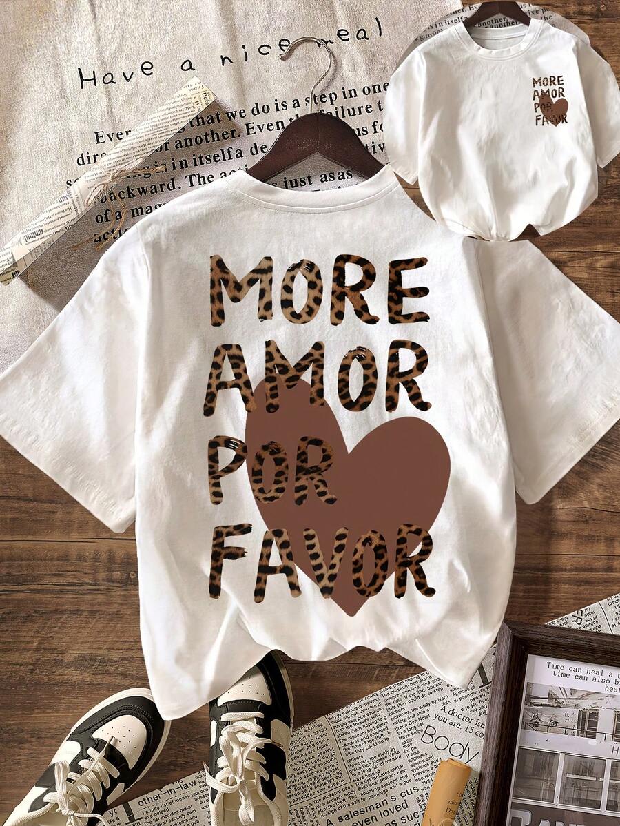 1 pcs Casual 100% Cotton "More Amor Por Favor" Leopard Print T-Shirt, Crew Neck Short Sleeve Top For Street & Daily - Blanc - Voir 1