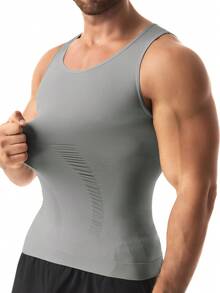 Conjunto 2 Camisetas Moldeadoras Hombre, Ropa Interior Compresión Adelgazante Soporte Espalda Control Abdominal, Tela Nylon Transpirable, Colores Gris y Azul - Gris - Ver 3