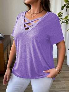 Plus Size - Plus Size - Casual Solid Color Crossover V-Neck Short Sleeve T-Shirt For Summer - Purple - View 4