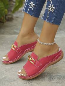 Sandalias de cuña casuales de moda de verano para mujer, acabado rojo mate, hebilla cuadrada de metal, ligeras y cómodas, estilo romano, para uso diario, exterior, vacaciones y playa, suela gruesa, versátiles, sandalias blancas, Ramadán, Eid Al-Adha - Rojo - Acabado mate - Ver 5