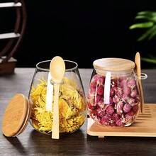 1/2/4PCS 600ML-Glass Spice Jars Set With Bamboo Lids & Spoons, Airtight Glass Storage Containers For Coffee Beans, Sugar, Candy, Tea, Kitchen Food Organizer - Clear - View 8