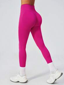 NcmRyu Women's 1pc Solid Color Wide Ribbed High Waist Tummy Control Butt Lifting Tight Fit Sports Leggings - Hot Pink - View 10