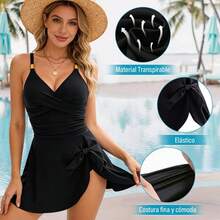 Trajes de Baño Mujer, Trajes de Baño Mujer Natacion y Ajustado, Traje de Baño Completo Mujer con Falda Elegante, Traje de Baño Mujer con Control Abdominal para Playa Piscina Surf - Negro - Ver 5