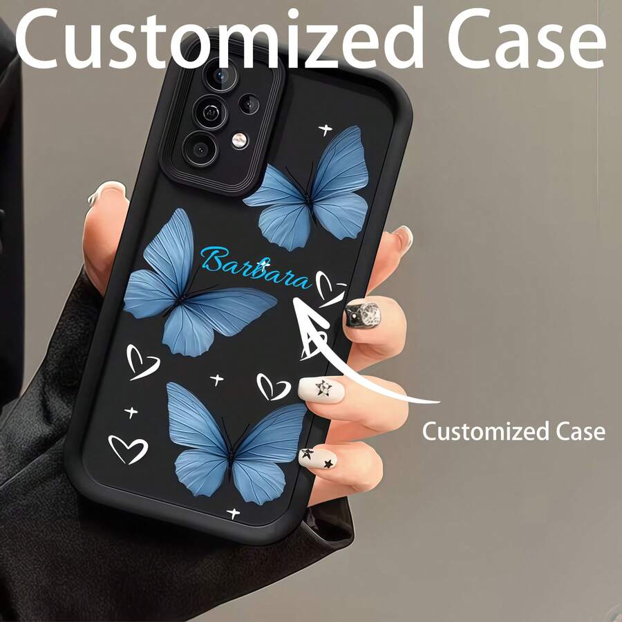 Minimalist Black Background Scattered Blue Butterflies White Small Hearts Stars Customized Personalized Cursive Name Phone Case, Unique Cyan Handwritten Soft Aesthetic Shockproof Protective Shell, Suitable For All Phone Models - Black - View 1