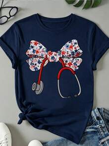 Women's Round Neck T-Shirt, Floral Bow With Stethoscope, Casual And Fashionable Style, Suitable For Outdoor Sports And Holiday Gifts - 藏蓝色 - 查看 7