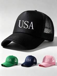 1件裝「USA」印花卡車司機棒球帽，可調節扣環，圖案設計，夏季海灘度假旅行中性帽子 - 彩色 - 查看 1