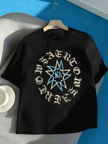 Camiseta negra vintage con estampado gráfico para mujer, 100% algodón, corte relajado, estilo casual, cómoda, dise?o gráfico. - Negro - Ver 2