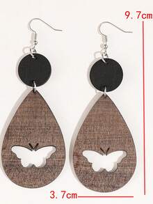 A Pair Of Bohemian-Style Brown And Black Color-Blocked Wooden Openwork Butterfly Earrings, Long Vacation Style Earrings - Brown - View 5