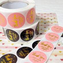 Gold Foil Thank You Order Stickers, Pink And Black Dual-Color Round Self-Adhesive Seal Stickers, Fresh Ins Style Gift Packaging Decorative Stickers, Baking Packaging Express Seal Thank You Stickers - View 3