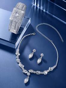 4-teiliges modisches Braut- und Hochzeits-Schmuckset mit verstellbarer Halskette, Ohrringen und elastischem Armband, geeignet für Hochzeitsfotografie, Brautjungfern, Abschlussball, Party und mehr, elegantes hochwertiges dekoratives Damenset - Verschiedenfarbig - Übersicht 8