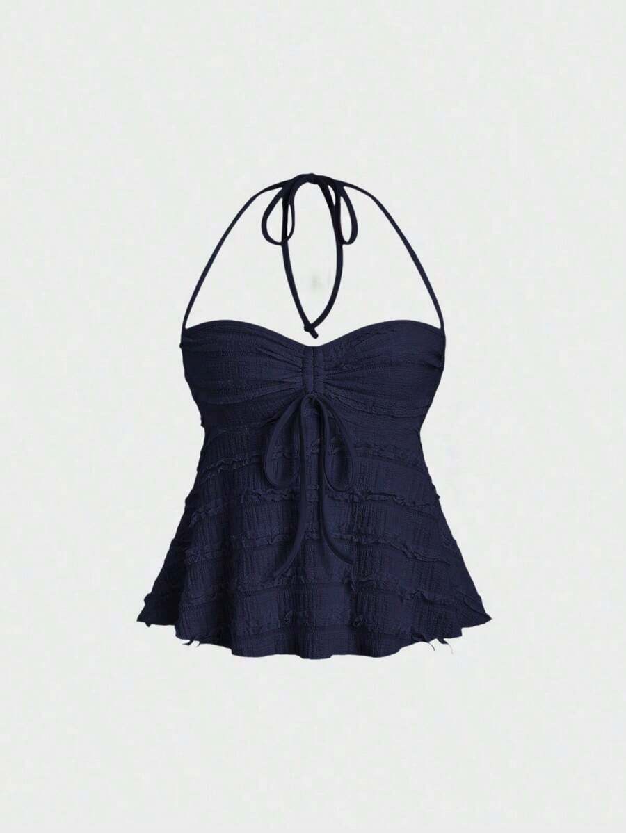 Solid Color Halter Tops With Drawstring At The Bust, Y2K Style For Women - Navy Blue - View 1