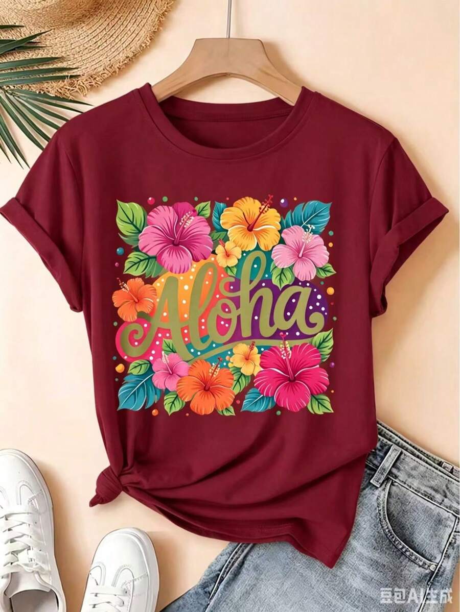 Aloha Tropical Hibiscus Flower Colorful Print Short-Sleeve Vintage Round-Neck T-Shirt, Fresh Forest Style Loose Top, 2026summer Party Commuter Women's - 勃根地色 - 查看 1