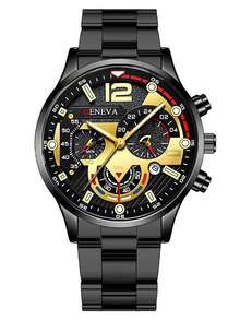 1/5pcs Set Men's Fashion Alloy Calendar Watch With Pen + Keychain + Multi-Layer Embossed Wallet And Lion Head Beaded Bracelet - No Box - Black - View 10