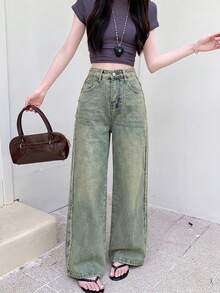 Women's Solid Color Mid-Waist Straight Leg Loose Casual Flared Jeans With Tassel - Blue - View 4