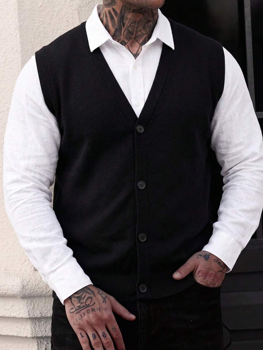 Men's Plus Size Solid Color V-Neck Cardigan Vest - Black - View 1