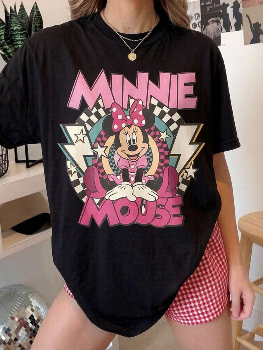 Disney Minnie Mouse Retro Checkered Lightning Star Graphic T-Shirt, Bubble Letter Cartoon Character Print Crew Neck Casual Short Sleeve Streetwear Top - 黑色 - 查看 1