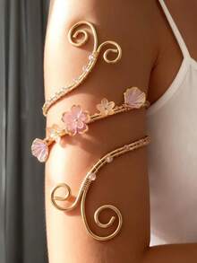 1 pièce Bracelet de bras supérieur ajustable ouvert en or, anneau de bras en spirale florale avec fleur rose et incrustation de cristal - Taille Unique - Voir 6