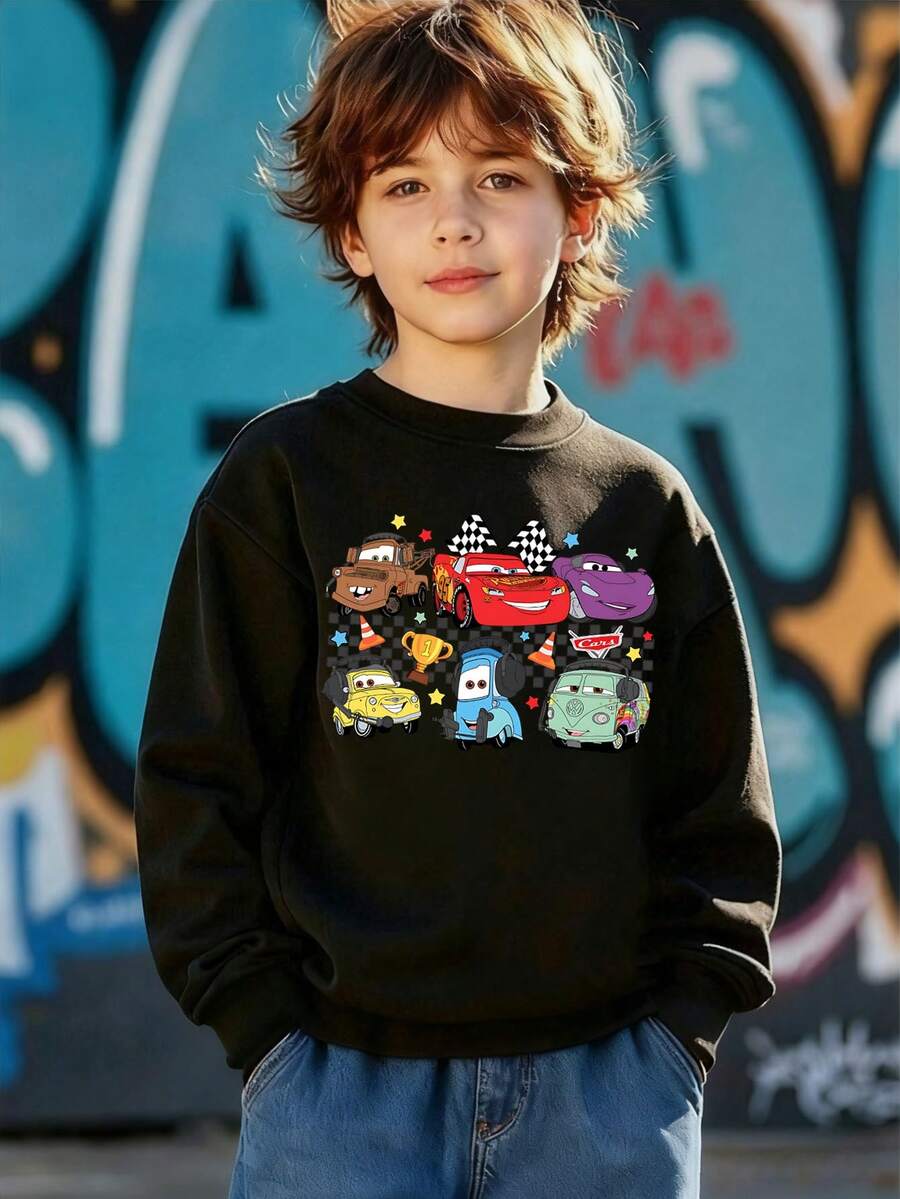 Disney Cars Crewneck Sweatshirt,Teen Boy Clothes,Tween,Kids Clothes,Boys Clothing,Can Be Used As A Gift,Suitable For Boys And Girls - 黑色 - 查看 1