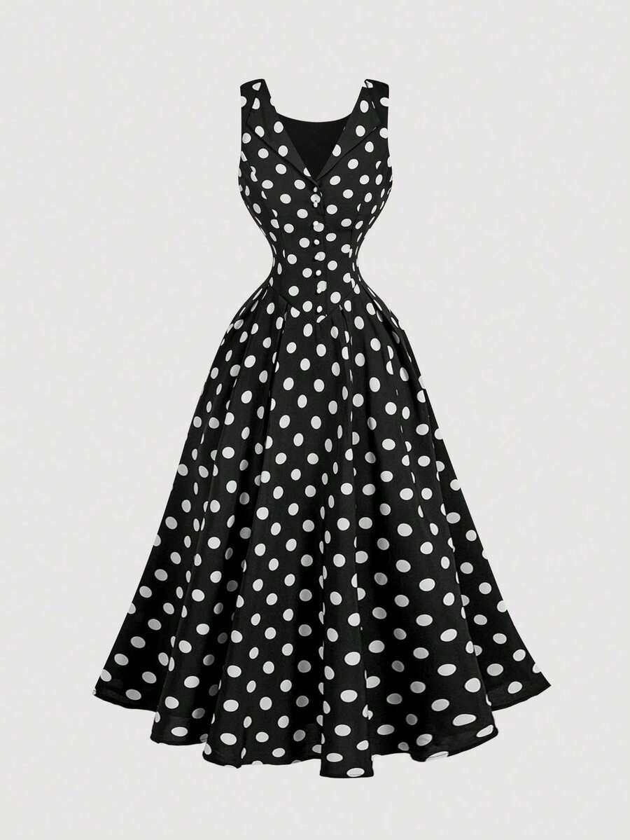 MOD Vestido midi en beige con cuello vuelto, cierre de botones delantero y cintura ceñida - Negro - Ver 1