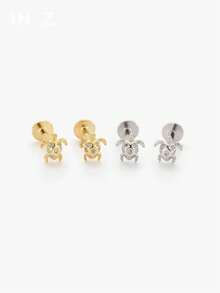 IN Z 1pc 925 Sterling Silver Zirconia Inlaid Turtle Flat Stud Earring | Small Stud Earring | Stackable Earring | Cartilage Stud Earring | Ear Cartilage Stud Earring | Layered Earlobe Stud Earring | 925 Sterling Silver Jewelry | Suitable For Women's Daily Wear | Sold Individually (Not A Pair) - Sea Turtles - View 5