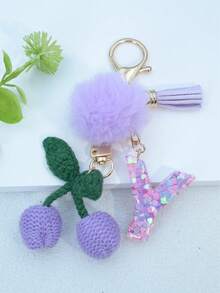 1 buah Gantungan Kunci Huruf Inggris Resin Bermotif Langit Berbintang dengan Hiasan Rumbai dan Bola Bulu Hitam, Liontin Hati, Hadiah untuk Teman dan Ibu - Mauve Purple - View 32