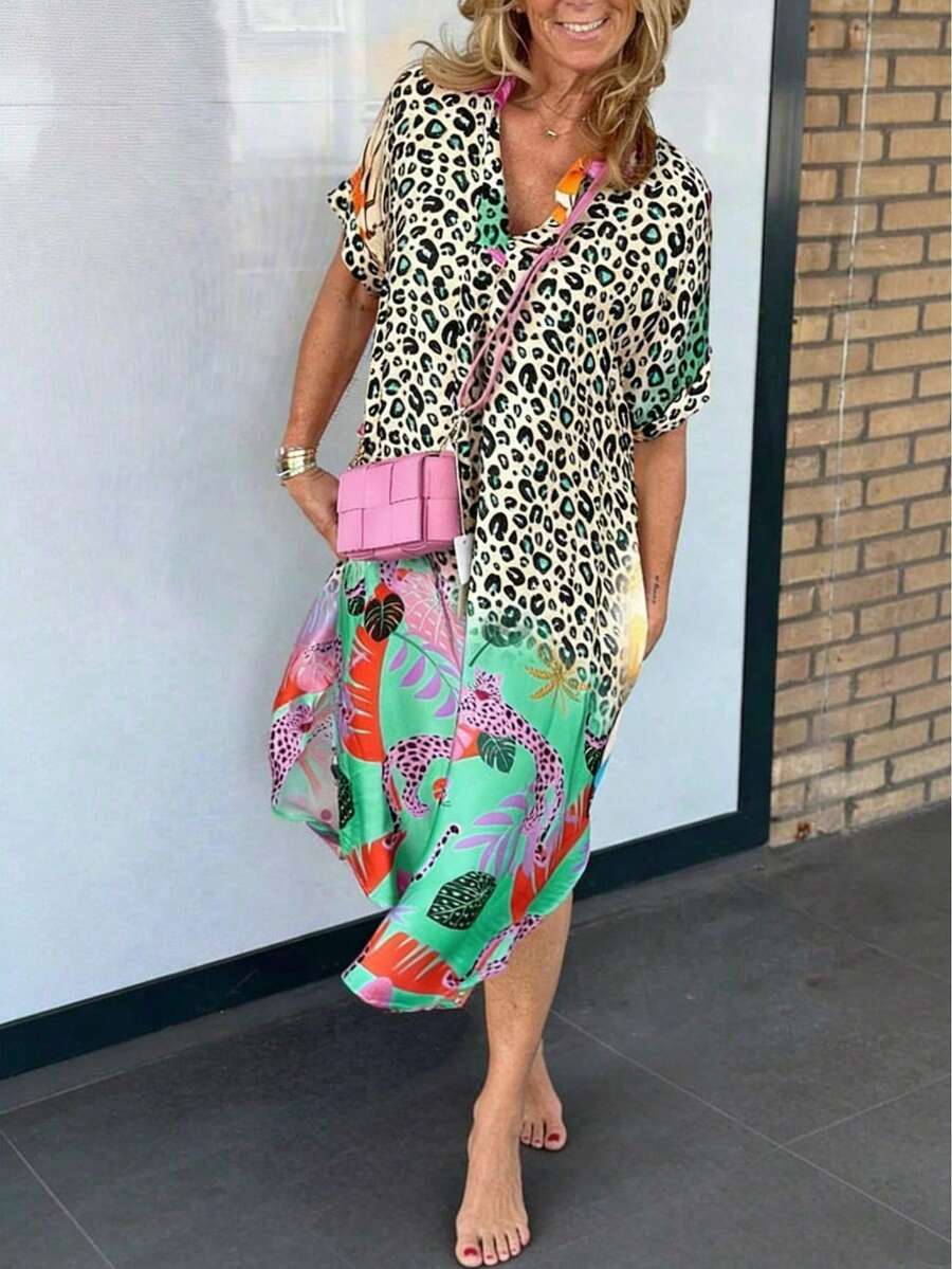Große Größen V-Ausschnitt Leopardenmuster Blattmuster Kurzarm Kleid, lockeres lässiges Kleid mit Saumspalt elegant Urlaub Sommer - hellgelb - Übersicht 1