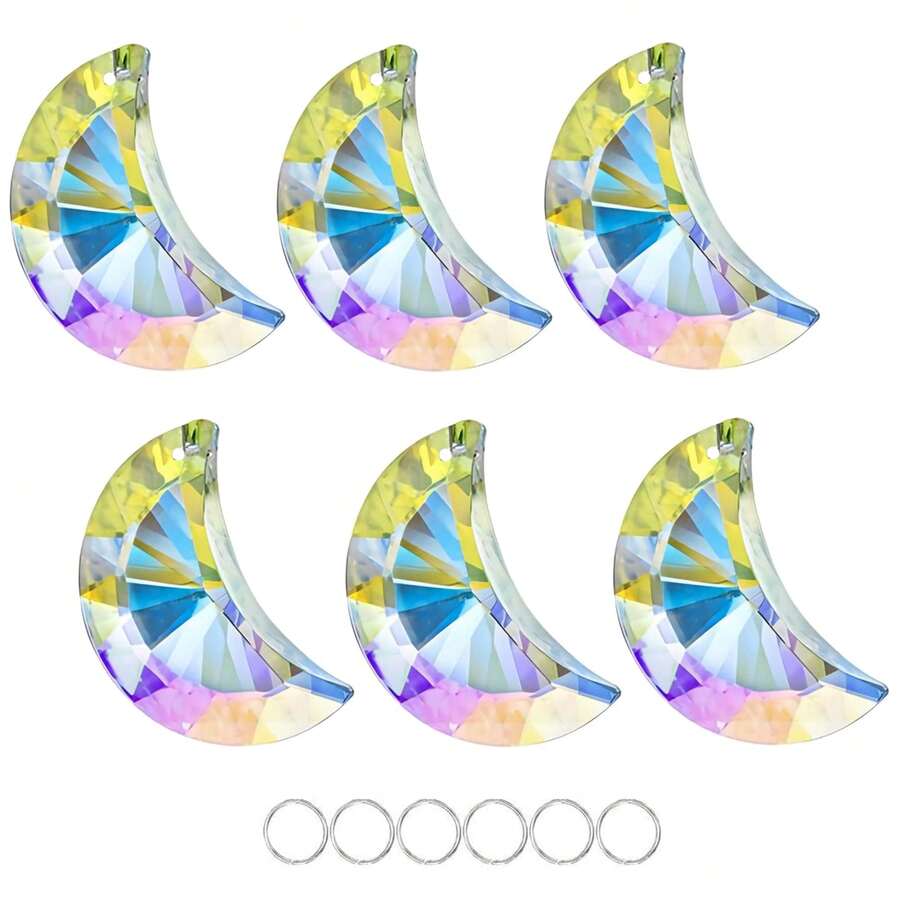 6PCS Crescent Moon Rainbow Suncatcher Pendants With Rings, Faceted Hanging Ornaments For Window, Home, Garden, DIY Crafts & Boho Decor - 6pcs 50mm Half-moon - View 1